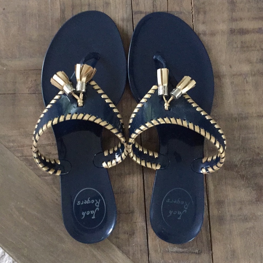 Jack Rogers Navy Blue and Gold Leather Tassel Sandals